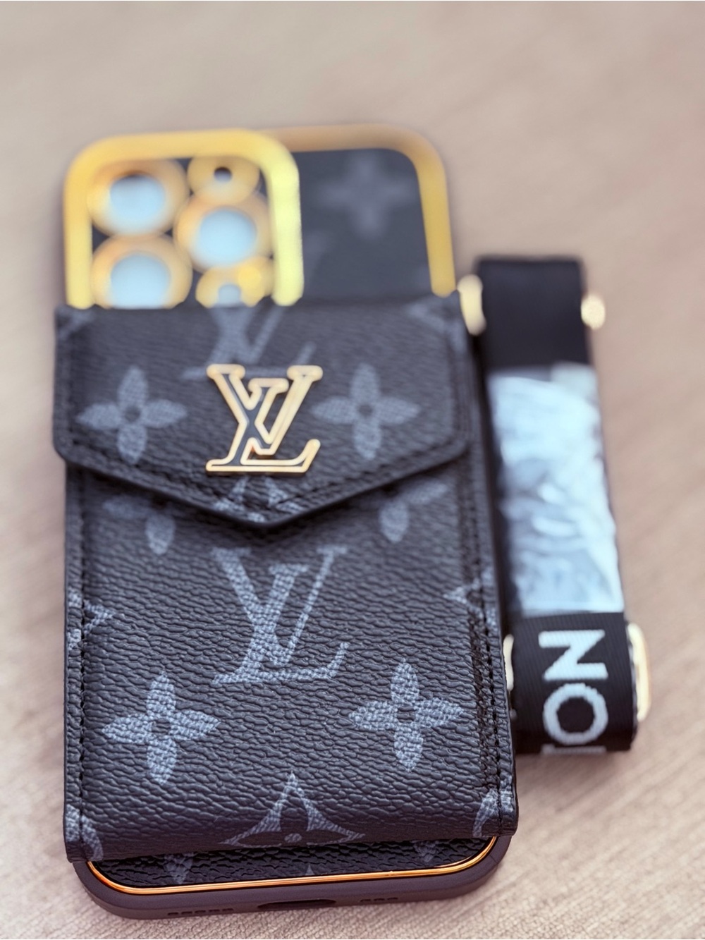 Black Monogram Phone Card Pouch with Gold LV Accent